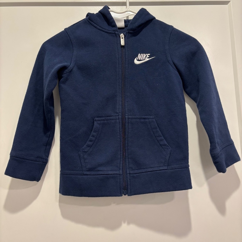Nike Kids Navy Blue Full Zip Fleece Hoodie Sweatshirt Logo Size 5 4-5Y
